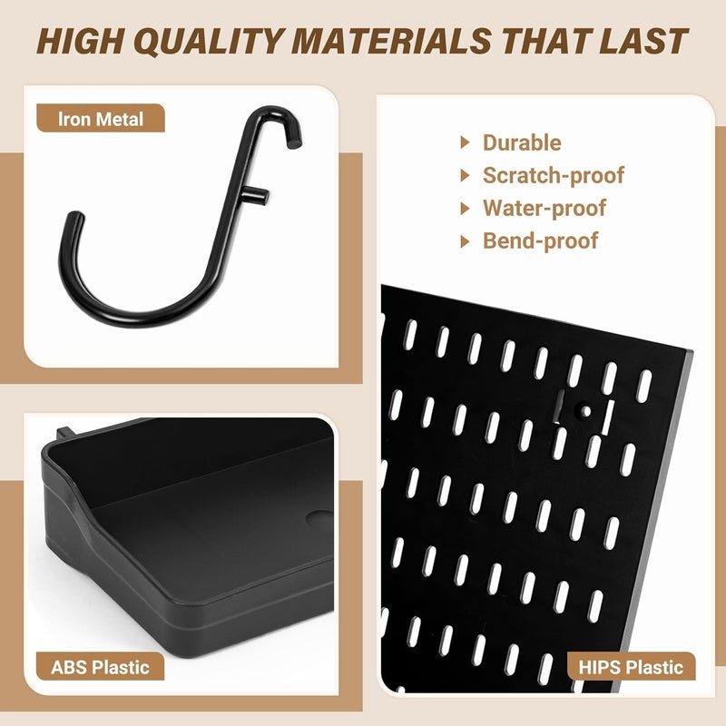 AKTOP Peg Board Wall Organizer 4-Pack – 12"x12" Black Pegboard Combination Kit with 13 Accessories for Wall, Plastic Peg Board Panels for Home, Office, Garage Tool Storage & Craft Room - Image 4